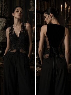 Dark Academia Gothic Avant Garde Sheer Embroidered Lace Velvet Vest M